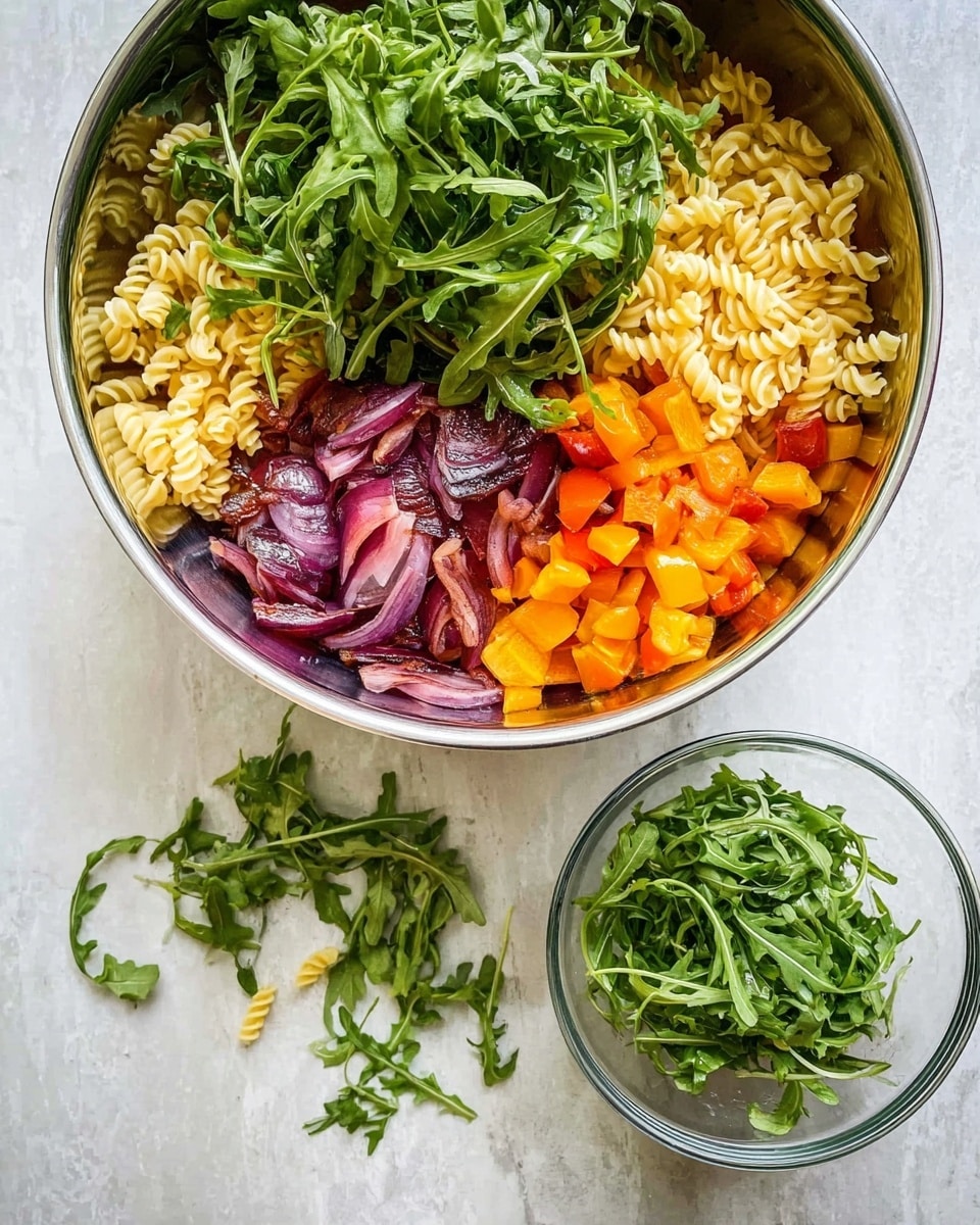 A metal mixing bowl filled with four main layers: at the bottom, light yellow pasta curls showing through; on the right side, bright orange diced bell peppers; on the left side, thick slices of cooked purple-red onions; and on the top, a large pile of fresh green arugula leaves. Below the metal bowl is a small clear glass bowl with fresh green arugula inside, placed on a white marbled surface scattered with loose arugula leaves. Photo taken with an iphone --ar 4:5 --v 7