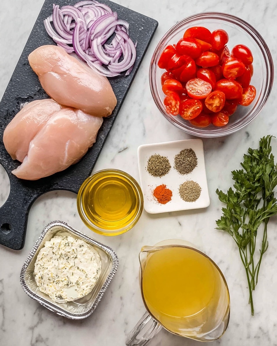 The image shows ingredients arranged neatly on a white marbled surface. On the left, two raw chicken breasts lie on a black cutting board next to a small white bowl filled with thinly sliced purple onions. To the right, there is a clear glass bowl full of halved bright red cherry tomatoes. Below these, a small clear glass container holds golden olive oil. A small white plate contains five spices arranged in small piles of black pepper, salt, paprika, dried herbs, and garlic powder. Near the bottom left, a silver foil tray holds a round portion of herbed cream cheese. In the center bottom, a clear measuring cup is filled with light yellow broth. A small bunch of fresh green parsley lies on the marble surface next to the broth. photo taken with an iphone --ar 4:5 --v 7