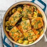 Creamy Skillet Salmon with Zucchini, Yellow Squash, and Basil Recipe