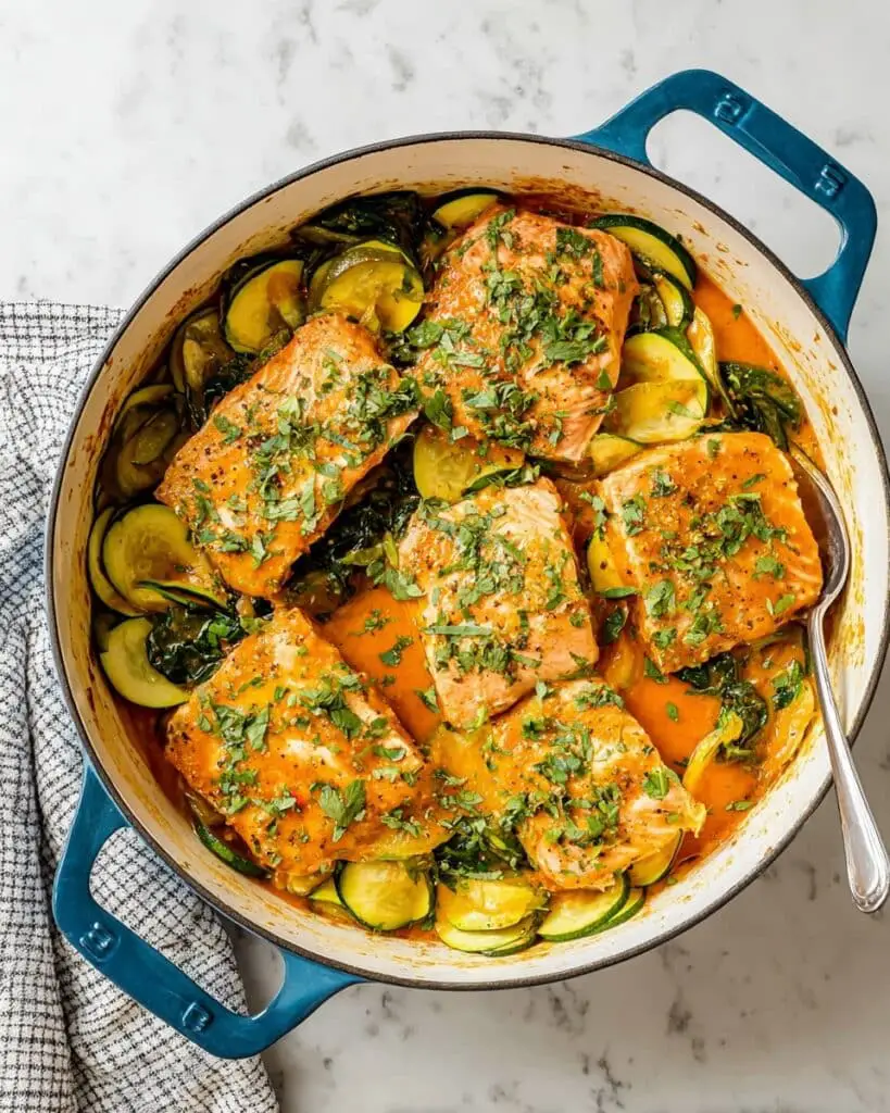 Creamy Skillet Salmon with Zucchini, Yellow Squash, and Basil Recipe