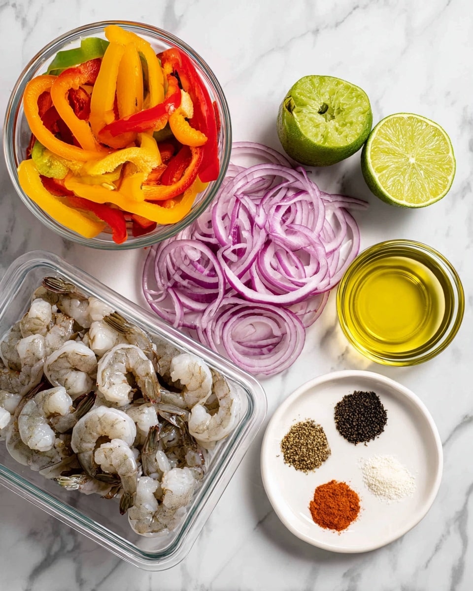 The image shows several bowls and containers with fresh ingredients on a white marbled surface. There is a clear bowl filled with bright orange, red, yellow, and green sliced bell peppers, positioned on the top left. Below it, another clear bowl holds thinly sliced red onions with white and purple tones. To the right, an open plastic container is filled with raw shrimp that are light gray and slightly translucent with dark tails. Above the shrimp, there are two halves of a bright green lime, cut to show the inner segments. Next to the lime is a small clear glass bowl filled with yellow olive oil. At the bottom right, a white small round plate has different spices arranged neatly in segments, showing colors like red, black, white, and brown. photo taken with an iphone --ar 4:5 --v 7