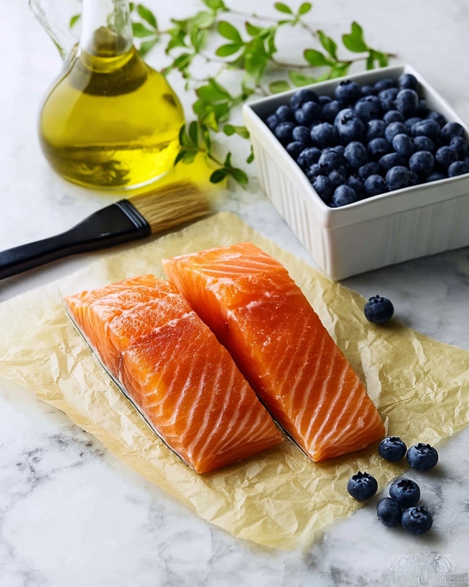 Two raw salmon fillets with a shiny, smooth orange surface and white lines are placed on a piece of light brown parchment paper, lying flat on a white marbled surface. To the left, there is a clear glass bottle filled with golden yellow olive oil, along with a black brush with soft bristles resting beside it. In the background on the right, a white square container is filled with many dark blue blueberries, some scattered on the surface nearby, and a small green branch with leaves sits on top of the berries. photo taken with an iphone --ar 4:5 --v 7