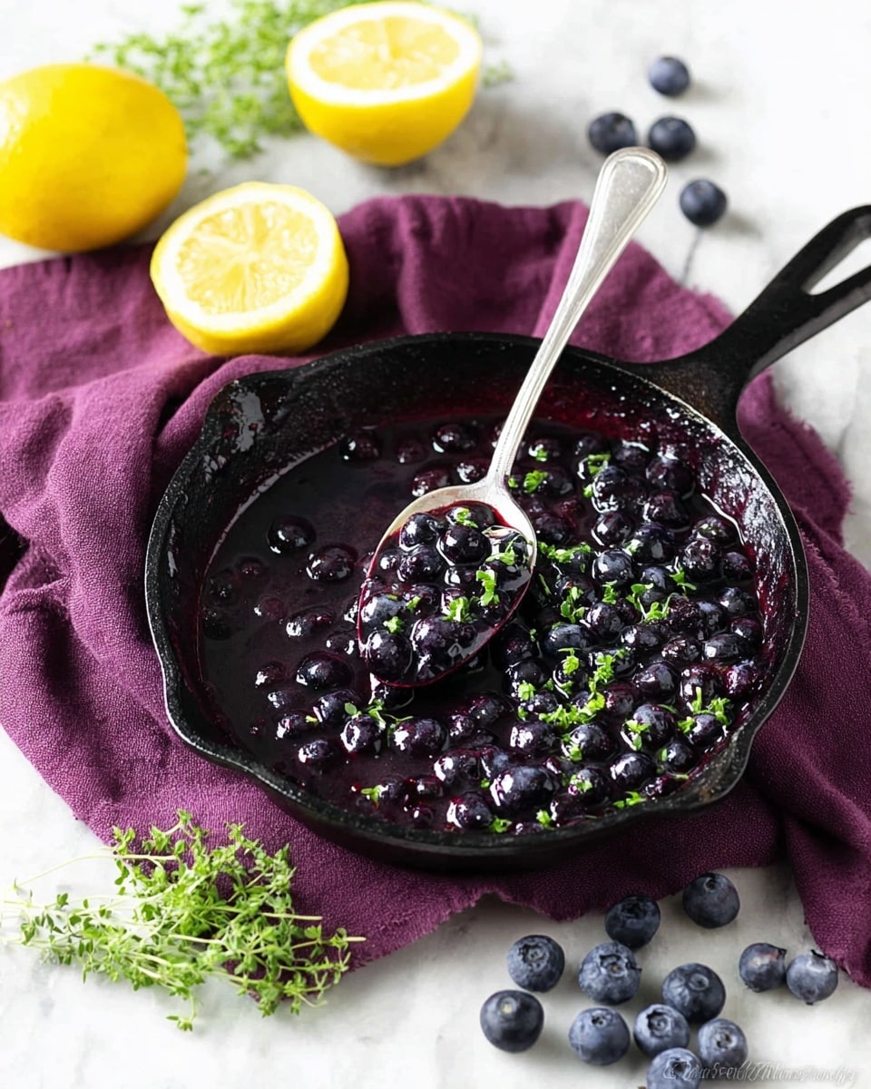 The image shows a close-up of a small cast iron skillet filled with dark purple blueberries in a thick sauce. The skillet is placed on a white marbled surface with a deep purple cloth folded underneath the handle. On top of the blueberry sauce, there are small green herb leaves scattered, with a silver spoon resting inside the skillet holding some berries and sauce. Nearby, there are two halves of a bright yellow lemon and several fresh blueberries scattered on the white marbled background, along with a small bunch of fresh green herbs. The overall colors are dark purple from the blueberries, bright yellow from the lemon, and green from the herbs, creating a fresh and vibrant look. photo taken with an iphone --ar 4:5 --v 7