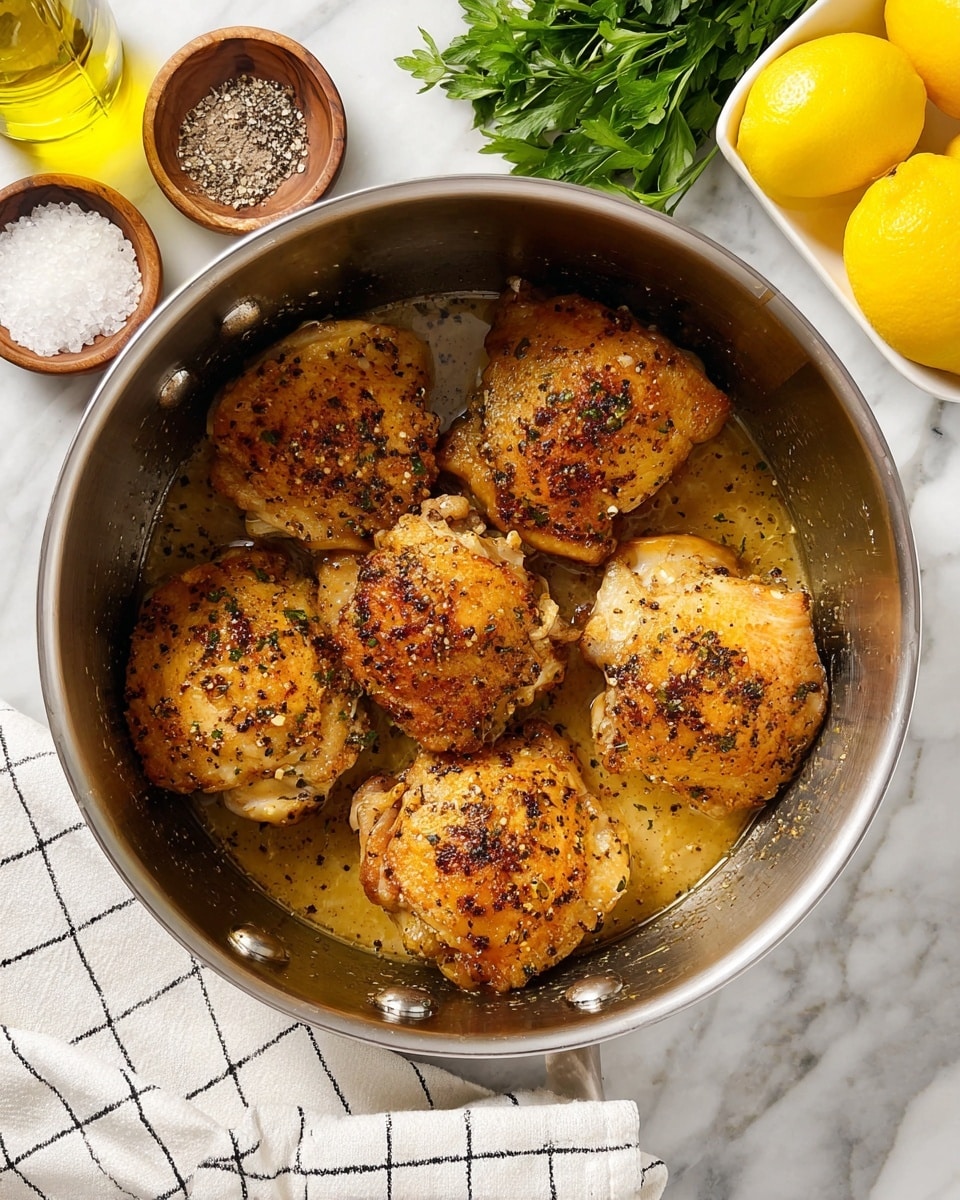 The image shows six golden-brown cooked chicken thighs placed closely together in a large silver pot. Each thigh has a crispy skin layer that is lightly seasoned with black pepper flakes and herbs, giving a slightly textured look. The bottom of the pot contains a light brown liquid, likely juices and seasoning from cooking. Around the pot, there are small white bowls with coarse salt and black pepper, a glass bottle of olive oil to the left, fresh green parsley on the side, and a white rectangular bowl filled with bright yellow lemons on a white marbled surface. A white towel with a black grid pattern is partially under the pot. The photo taken with an iphone --ar 4:5 --v 7