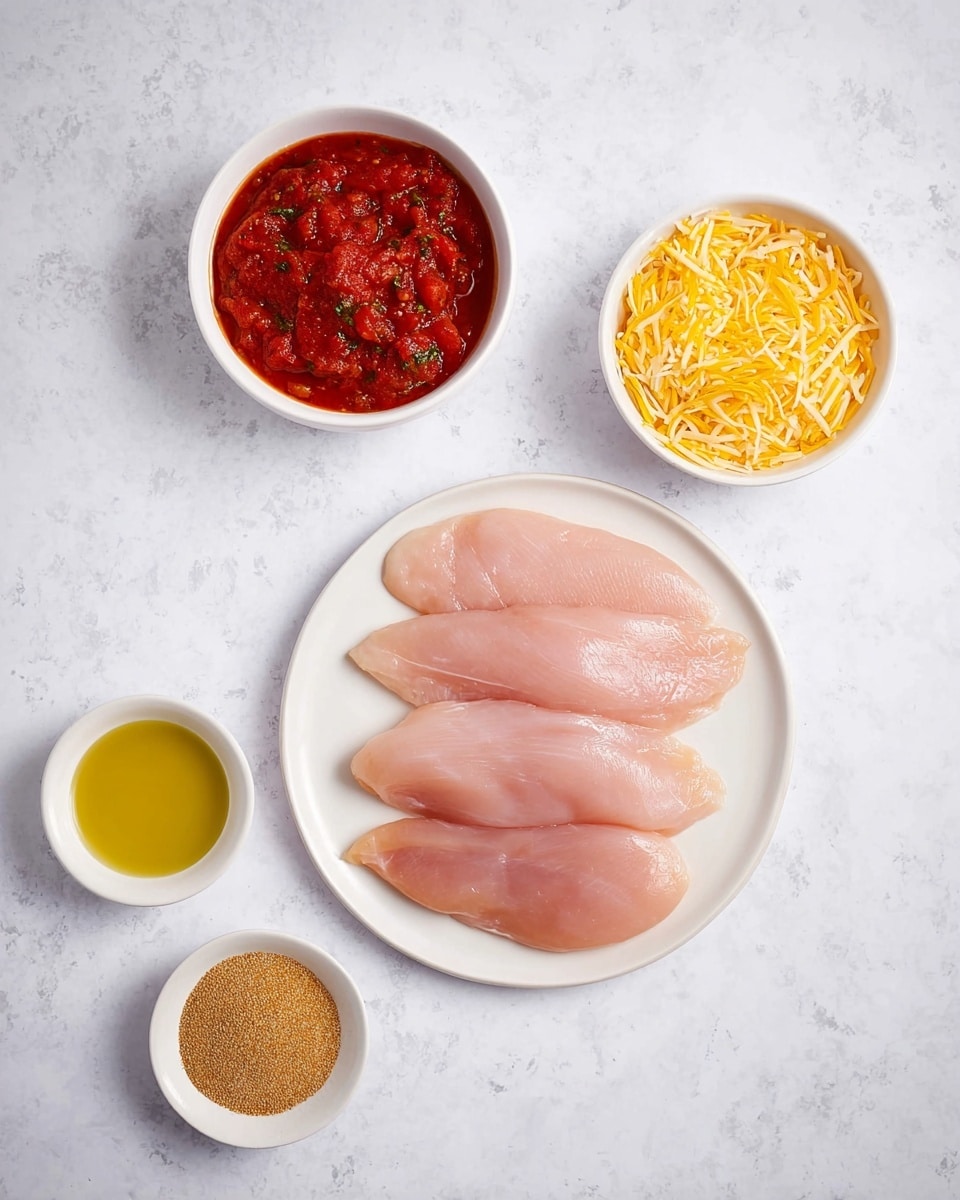 Four thin light pink raw chicken slices are placed flat and slightly overlapping each other on a white round plate at the center on a white marbled surface. Above the plate, a white bowl holds chunky deep red tomato sauce with visible tomato pieces and green herbs. To the right of the sauce bowl, another white bowl contains light yellow shredded cheese mixed with a small amount of orange cheese strands. Below and to the left of the plate, a small white bowl with golden olive oil is placed. Below and to the right of the plate, a white bowl filled with light brown spice powder is set. All bowls and plates have clean rims and are evenly spaced. Photo taken with an iphone --ar 4:5 --v 7