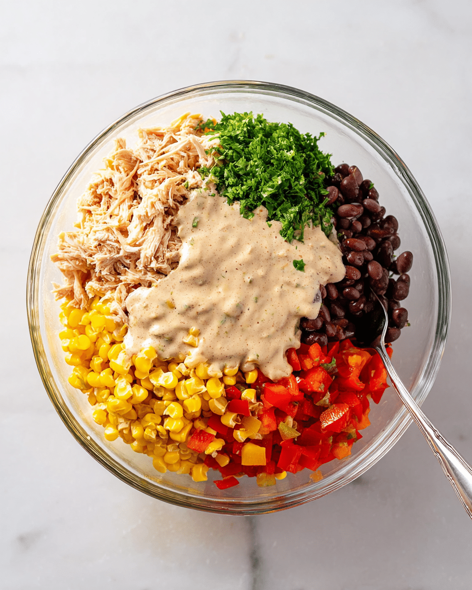 A clear glass bowl sits on a white marbled surface, filled with five distinct layers of ingredients. At the top left is a light beige shredded chicken layer with a soft texture, next to a fresh green chopped parsley layer on the top right. Below the parsley, there is a dark brown layer of black beans with a smooth and shiny texture. To the bottom center, bright yellow corn kernels form a dense, rounded layer. Bottom left features a layer of diced red bell peppers, vibrant and juicy. These colorful layers are partially covered by a creamy, off-white sauce with a slightly grainy texture that spreads from the center toward the top edges, with a silver spoon visible on the right side, resting in the bowl. photo taken with an iphone --ar 4:5 --v 7