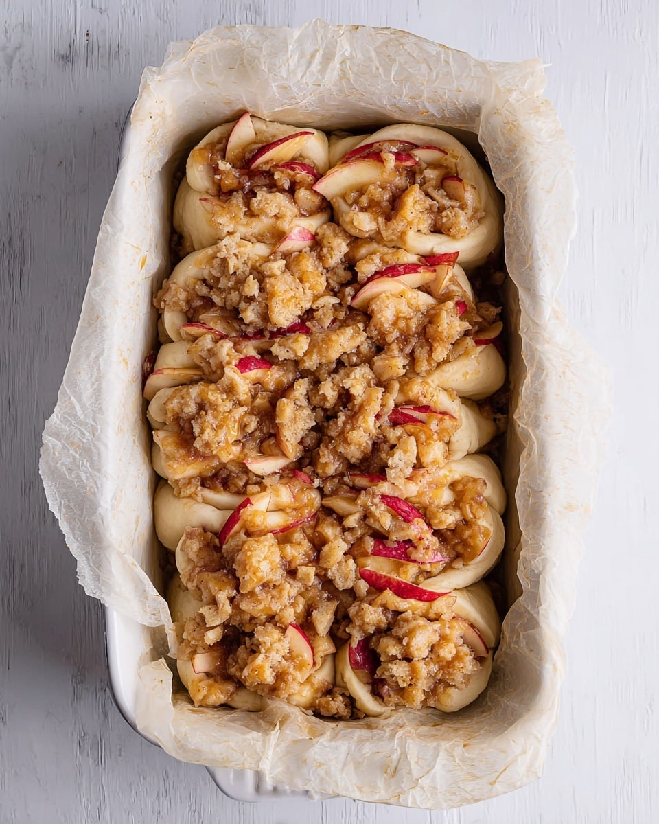 The image shows a white loaf pan lined with crinkled parchment paper filled with an unbaked dessert consisting of multiple uneven layers. The bottom layers are thick folds of light beige dough, soft and pillowy in texture, arranged haphazardly. Between these dough layers, thin slices of red apple with skin on are visible, adding a splash of bright red color. The top layer is a chunky, crumbly coating of a golden-brown mixture that looks sticky and rich, spread roughly over the dough and apples. The overall look is rustic with irregular shapes and a mix of soft dough and textured topping. The pan sits on a white marbled surface. Photo taken with an iphone --ar 4:5 --v 7