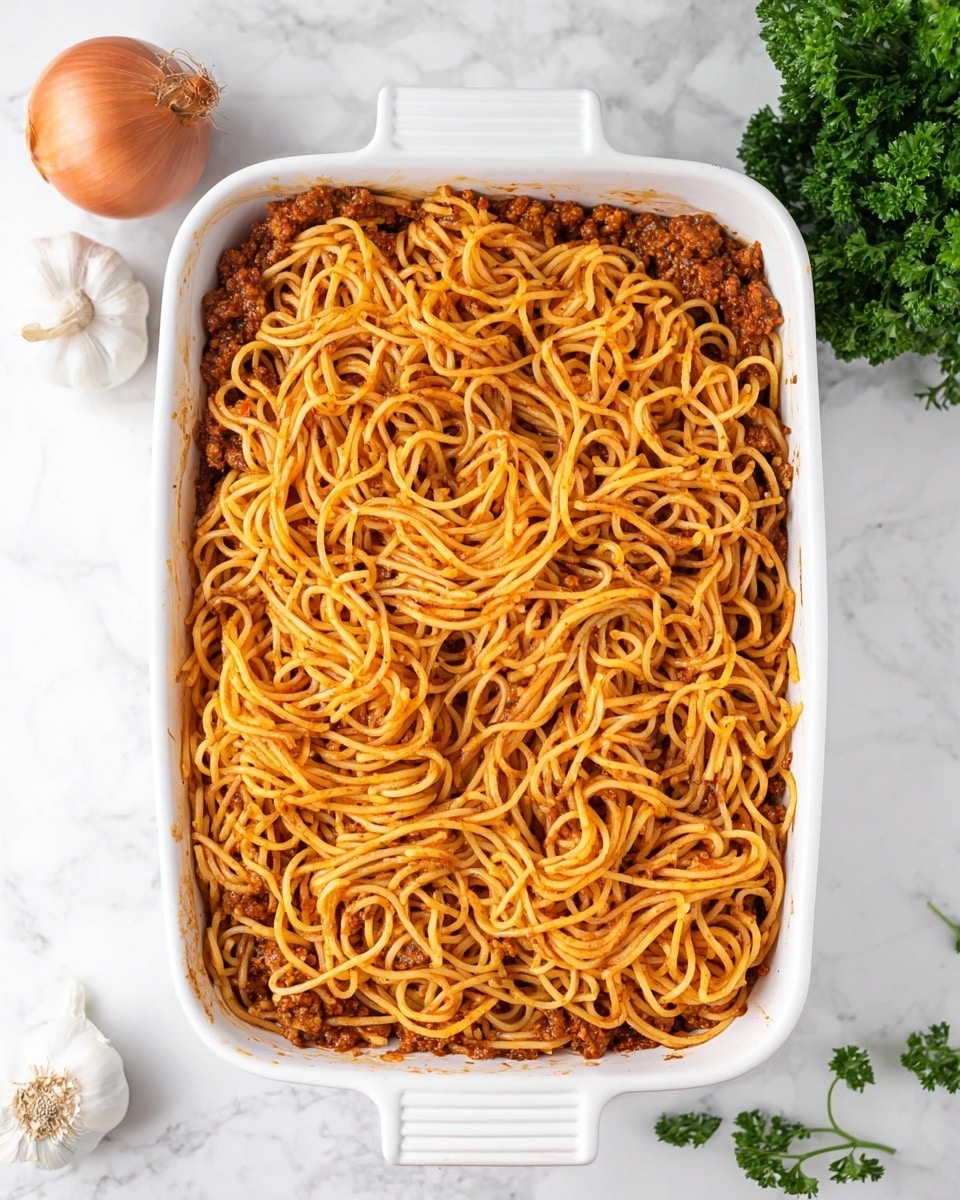 The image shows a white rectangular casserole dish filled with two visible layers: the bottom layer consists of a dark brown, crumbly meat sauce, topped with a thicker layer of light orange spaghetti noodles twisted and spread unevenly across the dish. The dish is placed on a white marbled surface, with a brown onion and a white garlic bulb on the left and some fresh green parsley on the right. The scene is bright and clean, with natural daylight highlighting the textures. photo taken with an iphone --ar 4:5 --v 7