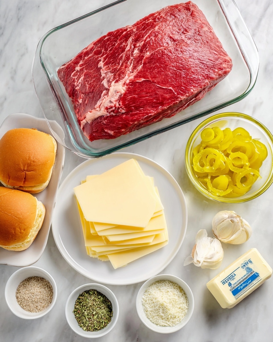 A large piece of red raw meat with visible texture and white fat veins sits in a clear glass baking dish at the top center. To its left are three golden brown soft sandwich buns placed on a white marbled surface. Below the meat, a white plate holds a stack of pale yellow round cheese slices neatly arranged. To the right of the plate, a clear glass bowl is filled with yellow pepper rings soaking in olive oil. Surrounding these, there are small white bowls holding light green seasoning, light brown powder, a stick of butter with a blue label, and a white seasoning mix with herbs scattered on the sides. All items are placed on a white marbled textured surface. photo taken with an iphone --ar 4:5 --v 7