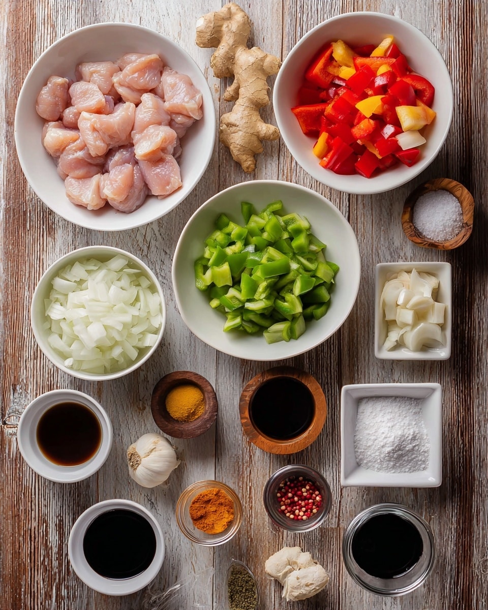 The image shows several ingredients neatly arranged on a wooden table with a white marbled texture background. In the top left, there is a white bowl filled with light pink raw chicken pieces. To its right, a white bowl holds chopped green and red bell peppers, while below it, another white bowl contains chunks of white onion. Around these bowls are small containers with various ingredients, including a mound of white powder in a bowl on the bottom right, minced garlic in a square dish near the center, and dark liquids in small cups placed towards the bottom center. There are also small piles of colorful chili peppers, ginger root, garlic bulb, and small wooden bowls with seasonings and sauces scattered around. A woman's hand is not visible but the setup suggests preparation for cooking. photo taken with an iphone --ar 4:5 --v 7