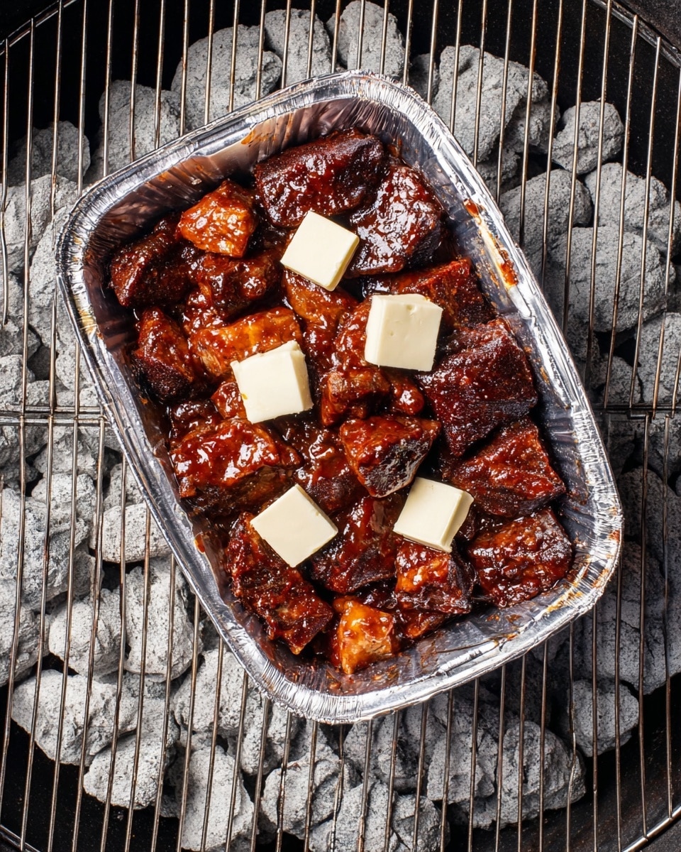 A foil tray filled with dark brown, grilled meat pieces covered in a shiny reddish-brown sauce, topped with six small white square pats of butter evenly spread across the meat. The tray sits on a round charcoal grill with grayish white coals underneath, and the grill grate shows thin silver metal bars. The background is a white marbled texture. photo taken with an iphone --ar 4:5 --v 7