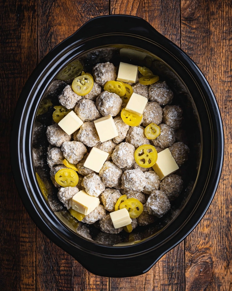 A black slow cooker bowl filled with a layer of small, round, uncooked meatballs that look slightly powdery with flour, scattered with yellow pepper slices and several small blocks of pale yellow butter evenly spread on top. The slow cooker is placed on a wooden textured surface that appears rustic. photo taken with an iphone --ar 4:5 --v 7