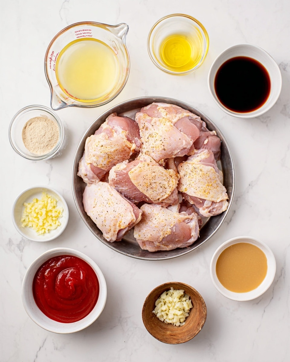 In the center, there is a metal tray filled with several pieces of raw chicken thighs that are light pink with some seasoning on top. Around the tray, there are eight small containers placed on a white marbled surface: at the top left, a glass measuring cup with a light yellow liquid; at the top right, a white bowl filled with a dark brown liquid; to the right side of the tray, a small white bowl with a light brown liquid, and below it, a small wooden bowl with minced garlic; below the tray, a white bowl full of red ketchup; to the bottom left of the tray, a glass jar with a beige powder and its lid open; at the left center, a small wooden bowl containing yellow mustard; and a white bowl with a small amount of clear liquid. Photo taken with an iphone --ar 4:5 --v 7