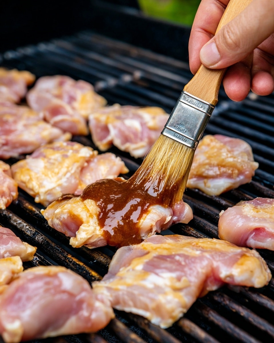 Raw chicken pieces with a light pink color and some yellow fat are spread evenly on a black grill. A woman's hand holds a wooden brush with brown bristles, spreading a shiny, dark brown sauce over one piece of chicken near the center. The grill bars are horizontal and show some heat marks. The background is out of focus but suggests outdoor cooking. photo taken with an iphone --ar 4:5 --v 7