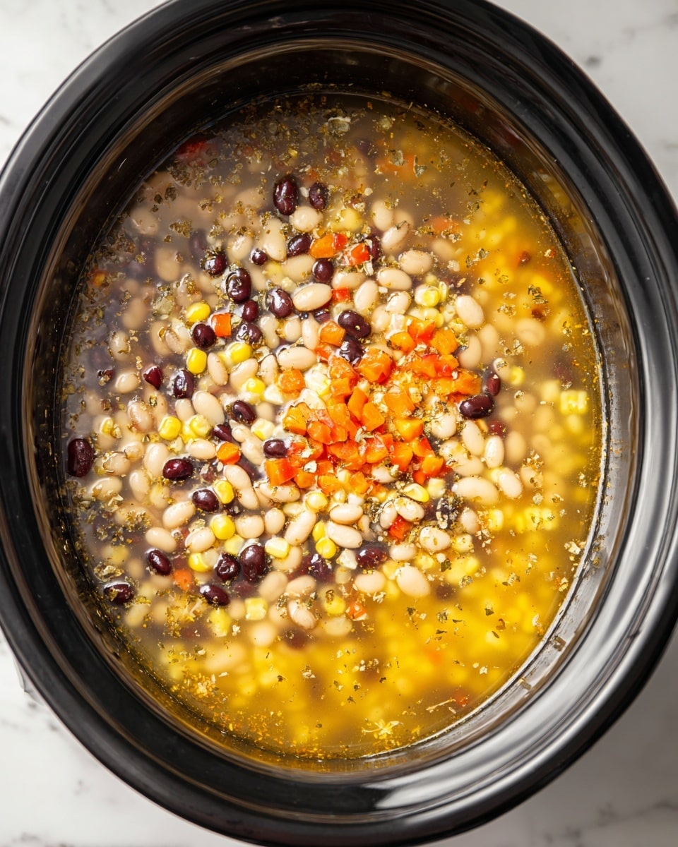 Inside a black slow cooker, there is a mix of ingredients submerged in a clear yellowish liquid. The layers include small white beans, black beans, and yellow corn kernels scattered together mostly on the surface. Near the edges, there are tiny diced pieces of red, orange, and white vegetables. Some green herbs or spices float in patches on top, adding speckled texture. The slow cooker sits on a white marbled surface photo taken with an iphone --ar 4:5 --v 7