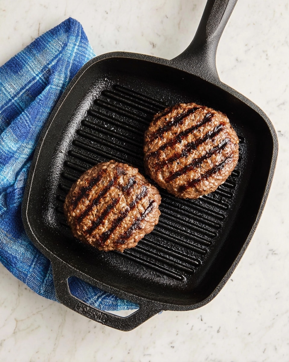 Two grilled burger patties with clear dark grill marks sit side by side in a black cast iron square grill pan with ridges and a handle. The patties have a browned, slightly rough texture. The grill pan is placed on a white marbled surface, and a blue checkered cloth is partially visible beneath the pan's handle. photo taken with an iphone --ar 4:5 --v 7