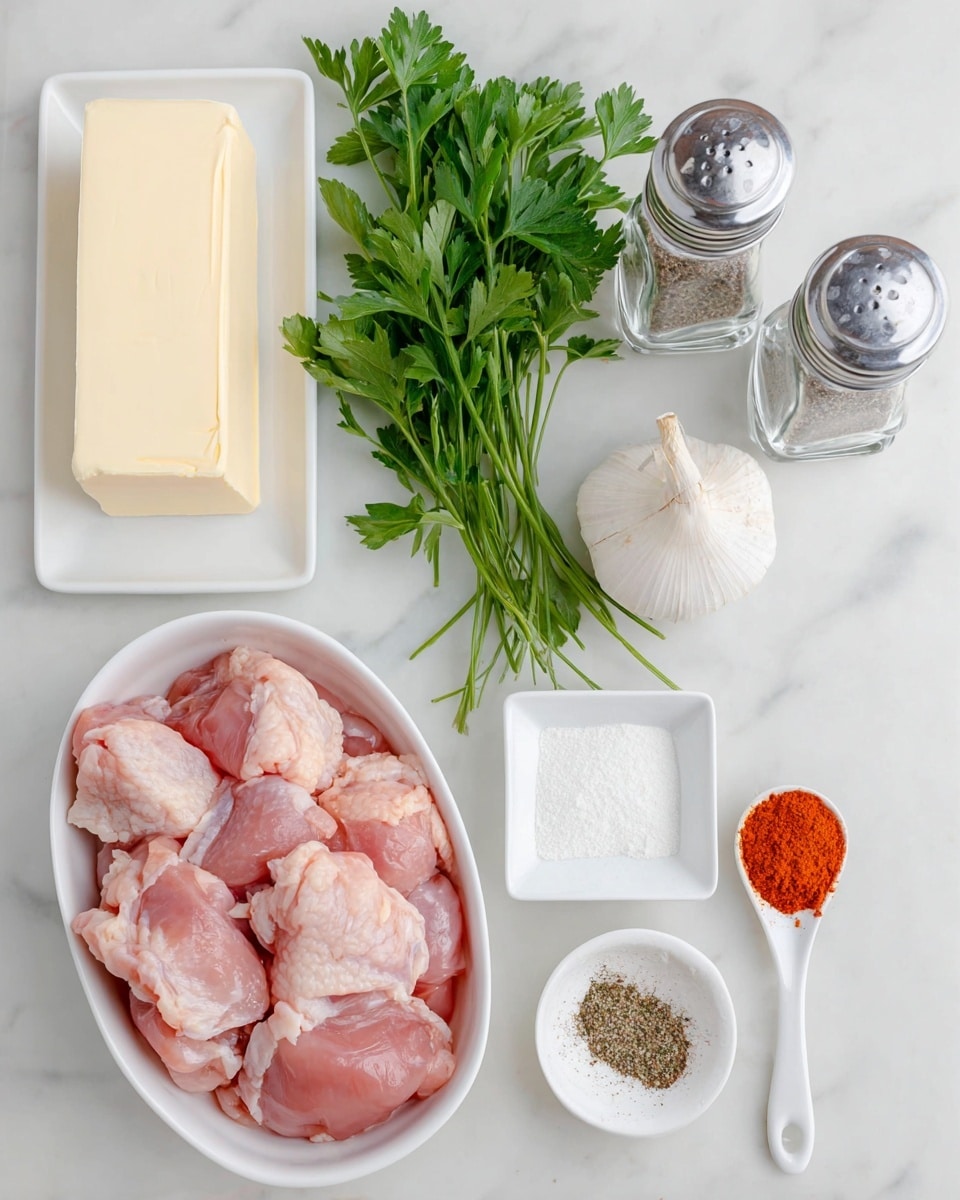 The image shows raw pink chicken pieces arranged closely in a white oval dish on the right side. To the left, a white rectangular plate holds a stick of pale yellow butter with a smooth texture. Above it, there is a bunch of fresh green parsley with leafy stems spread out. Near the center top, a whole garlic bulb with light purple streaks sits next to two glass shakers, one with white salt and the other with black pepper. At the bottom center, a small white square bowl contains white powder, and to its right, a white ceramic spoon is filled with red-orange paprika powder. All items are placed on a white marbled surface photo taken with an iphone --ar 4:5 --v 7