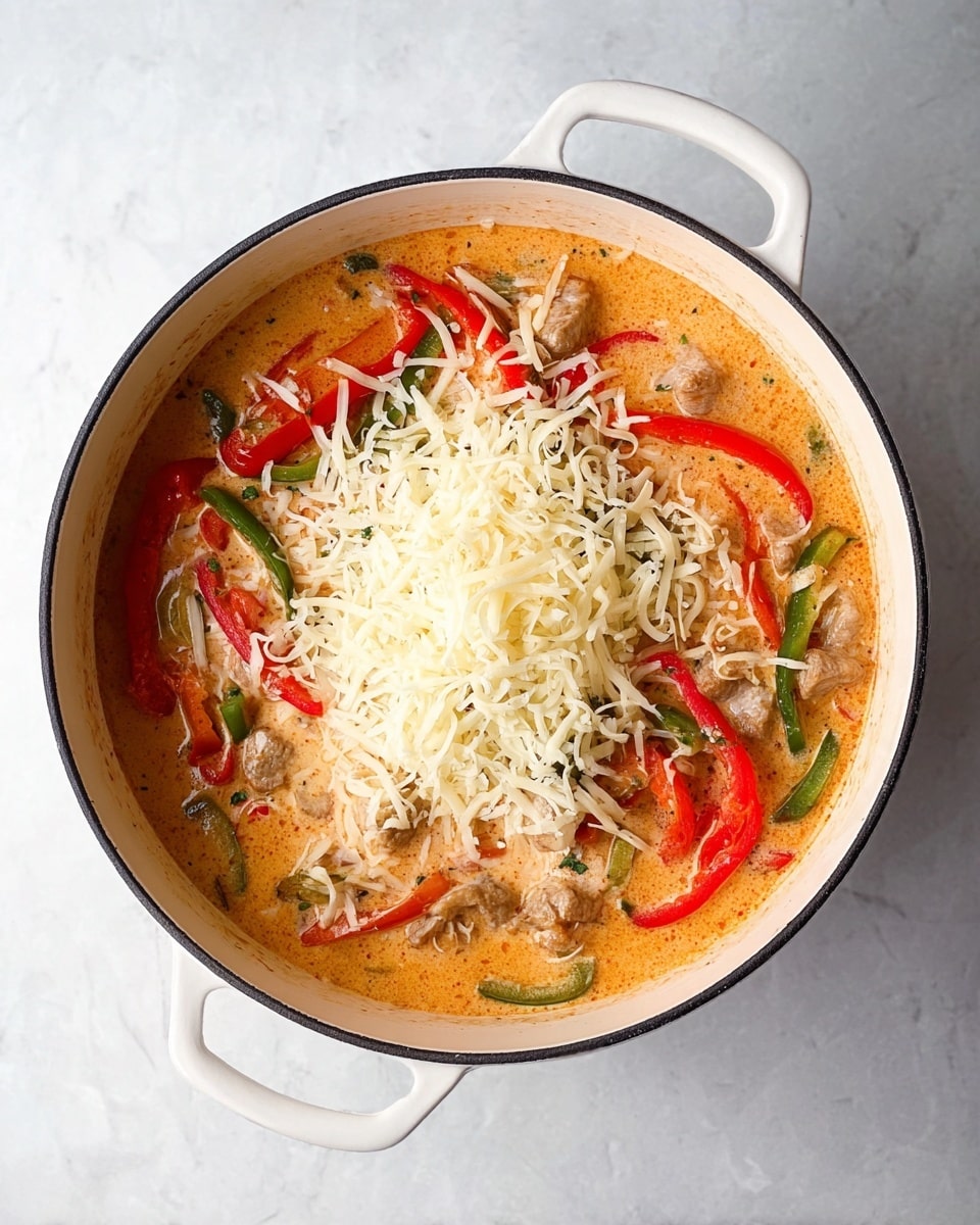 The image shows a white pot filled with a creamy orange sauce that holds pieces of cooked meat and slices of red and green bell peppers. On top in the middle, there is a heap of shredded white cheese. The pot sits on a white marbled surface with no other objects around. Photo taken with an iphone --ar 4:5 --v 7