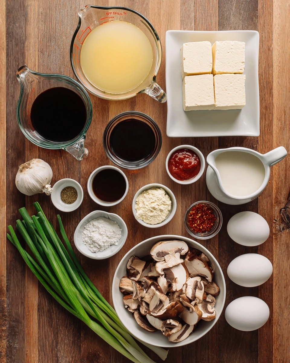 The image shows a flat lay of various cooking ingredients arranged neatly on a wooden table, which should be changed to a white marbled texture. There is a white bowl filled with sliced mushrooms at the bottom center, next to some green onions on the left. Above them is a white dish holding two blocks of tofu. To the upper left, there is a clear measuring cup filled with light yellow broth, and below it is a white measuring cup with dark brown soy sauce. Small bowls and cups contain different sauces, spices, and seasonings including minced garlic, salt, chili sauce, and white powder. Two white eggs are placed near the middle right side. A small white pitcher with light-colored liquid is beside the eggs. The ingredients are spaced evenly, showing a variety of colors like brown, white, light yellow, red, and green. Photo taken with an iphone --ar 4:5 --v 7