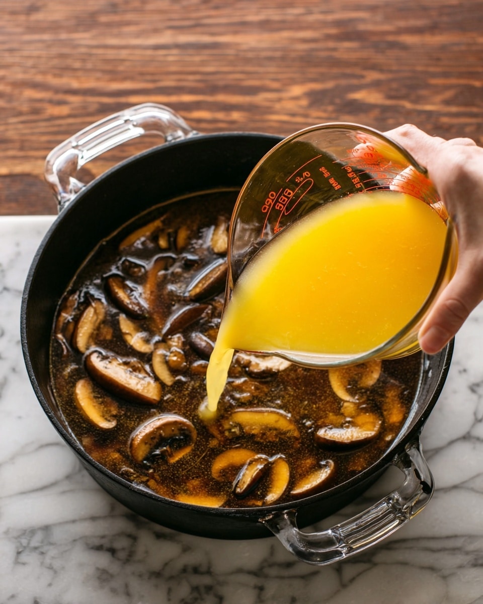A close-up shot shows a black cast iron pot filled with dark brown broth and sliced mushrooms floating on the surface. A woman's hand is pouring a smooth, thick yellow liquid from a clear measuring cup into the pot. The scene is set on a white marbled surface, creating a clean and warm kitchen atmosphere. The pot has clear handles, and the liquid contrasts with the mushrooms and broth inside. The photo taken with an iphone --ar 4:5 --v 7