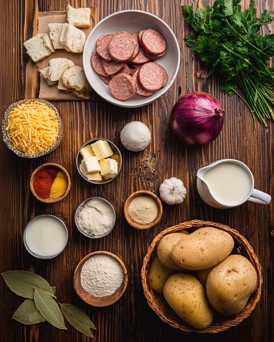 The image shows an overhead view of various cooking ingredients neatly arranged on a wooden surface. In the bottom right, there is a basket filled with five large brown potatoes. To the left of the basket, a white bowl is filled with sliced sausage rounds. Above the sausage are three peeled garlic cloves and a small purple onion. Moving up, small wooden bowls hold yellow mustard powder, red paprika, black pepper, and coarse salt. Flour and breadcrumbs are placed in small metal cups near the center, alongside a small cube of butter. Two white small pitchers contain cream and milk. Fresh green herbs are placed in a bunch on the top right. A few bay leaves are spread on the bottom left side of the board. The wood has a dark, structured pattern that contrasts with the varied colors and textures of the ingredients. Photo taken with an iphone --ar 4:5 --v 7
