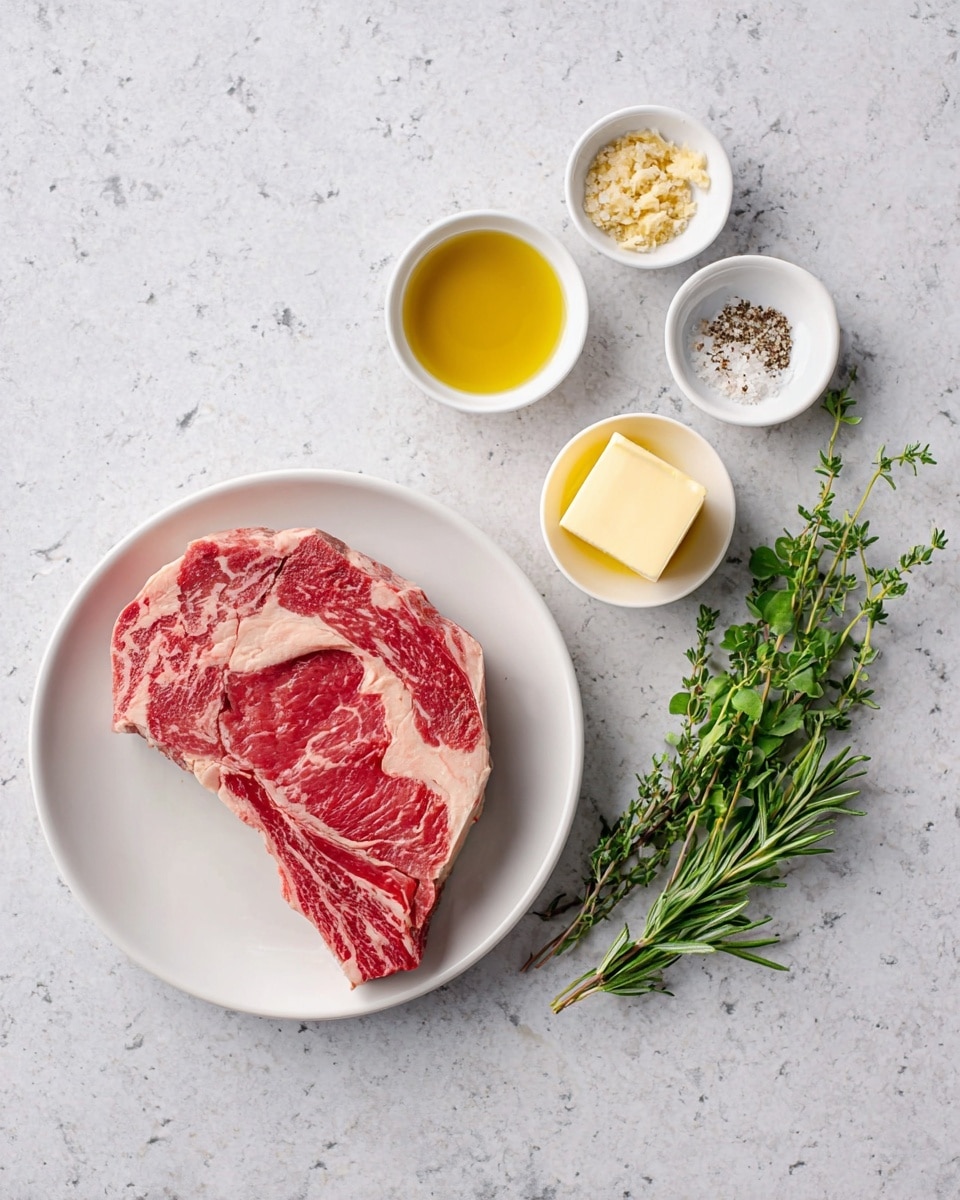 A thick raw steak with red and white marbling sits on a white plate on a white marbled surface. Above the plate, there are five small white bowls arranged in a loose circle, containing golden olive oil, minced garlic, black pepper, salt, and a square of light yellow butter. To the right of the plate, there are four fresh herb sprigs with green leaves, including rosemary, oregano, and thyme. The image is light and bright, showing clear details of each ingredient. Photo taken with an iphone --ar 4:5 --v 7