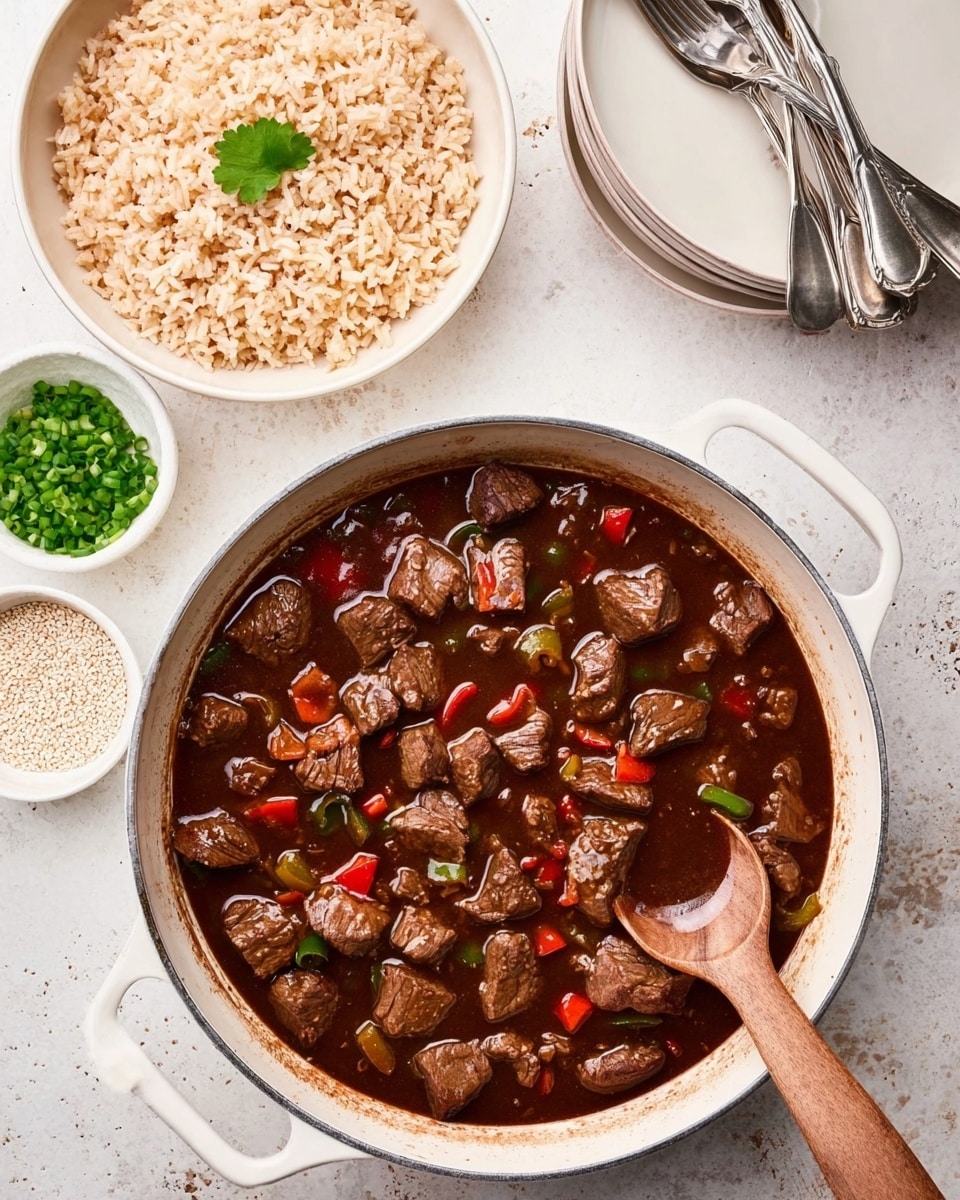 A top view of a white skillet filled with dark brown stew sauce that holds many beef chunks in the center, with small pieces of red and green bell peppers mixed in the sauce around the beef. A wooden spoon rests on the right side inside the skillet, partially covered by the sauce. Above the skillet is a white bowl filled with light brown cooked rice and topped with a small green leaf. To the right of the bowl, there are two stacked light-colored plates with three metal forks placed on top. Below the skillet, there are two small white bowls, one filled with white sesame seeds and the other with chopped green onions. All items are set on a white marbled texture surface photo taken with an iphone --ar 4:5 --v 7