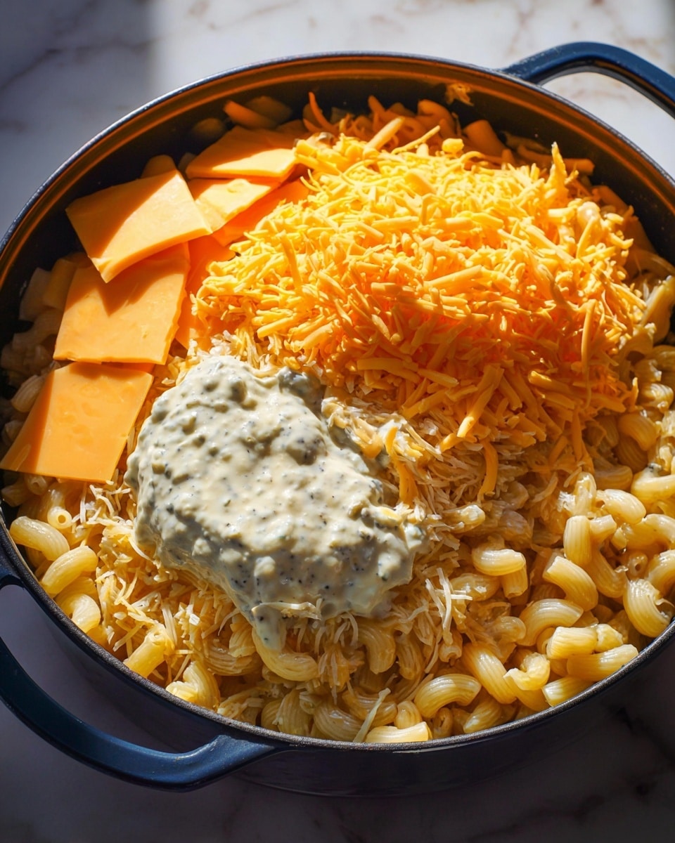 A black pan with a dark blue handle holds several layers of food on a white marbled surface. At the bottom, there is a layer of cooked elbow macaroni pasta in pale yellow. Spread unevenly across the pasta are multiple slices of processed cheese in light orange-yellow, some slices folded or overlapping. On top of this cheese layer, there is a pile of shredded cheddar cheese in a bright orange-yellow color. To one side, there is a thick dollop of creamy white sauce with visible bits of herbs or spices mixed in. The overall textures include smooth melted cheese slices, soft pasta, shredded cheese strands, and a thick creamy sauce. The scene is lit with soft natural lighting, showing visual warmth and steam from cooking. Photo taken with an iphone --ar 4:5 --v 7