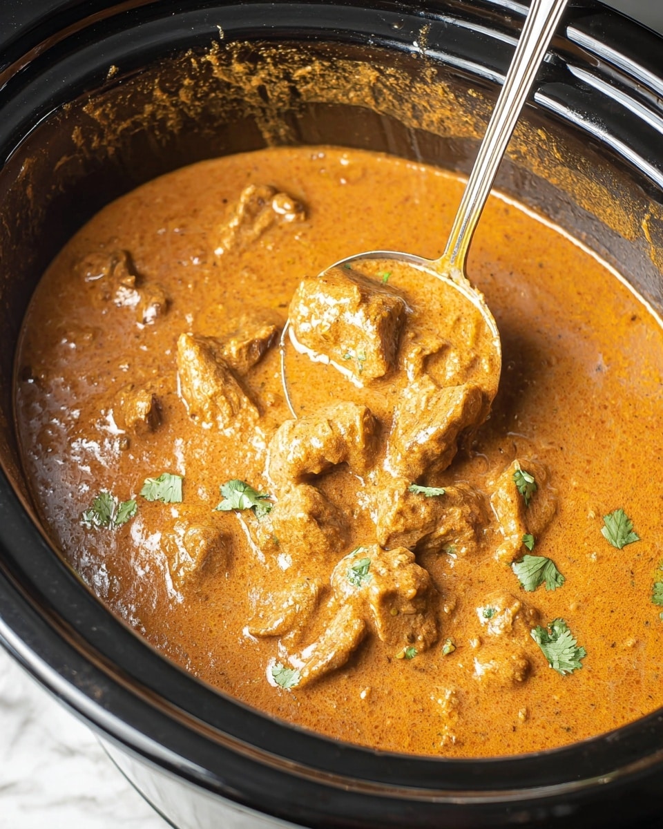 A close-up of a thick, creamy orange-brown curry sauce with chunks of tender meat inside a white ceramic bowl that sits on a white marbled surface. A shiny silver ladle scoops some of the curry, showing soft, saucy meat pieces covered in the rich sauce, sprinkled with small green cilantro leaves for a pop of color. The sauce looks smooth with visible spices giving texture, and the bowl edges frame the dish neatly. photo taken with an iphone --ar 4:5 --v 7