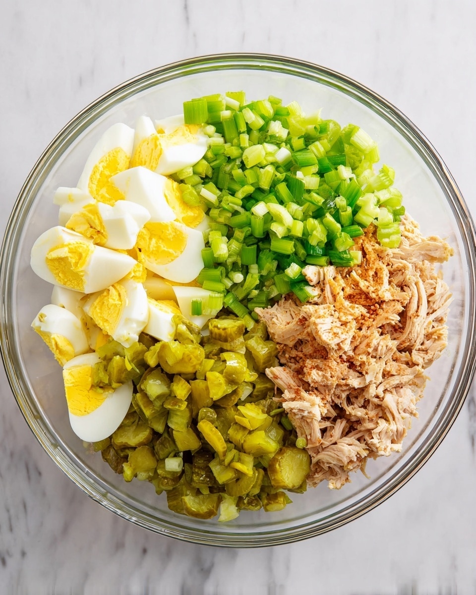 A clear glass bowl contains five separate layers of ingredients arranged side by side: shredded light brown chicken with some seasoning on the bottom right, bright green chopped celery above the chicken, chopped bright green onions on the bottom left, sliced green pickles with a yellowish tint on the middle left, and chopped hard-boiled eggs with bright yellow yolks and white pieces on the top left. The bowl is set on a white marbled surface. photo taken with an iphone --ar 4:5 --v 7