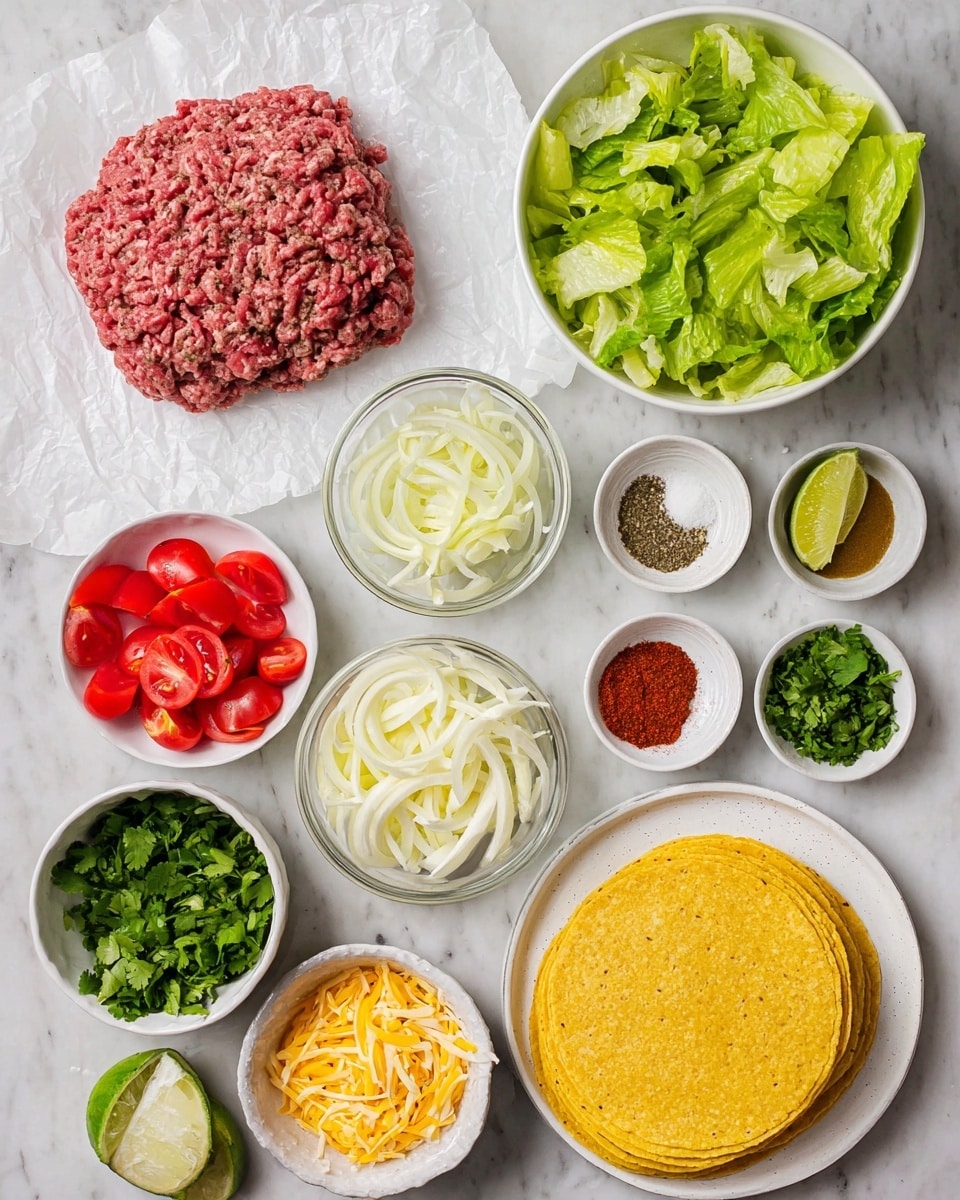 The image shows an overhead view of various ingredients neatly arranged on a white marbled surface, including a large clump of raw ground meat on white parchment paper on the top left, a white bowl filled with chopped green lettuce on the top right, and a stack of yellow corn tortillas on a white plate at the bottom right. Small white bowls hold red chili powder, ground spices, and dried herbs in the center, while other bowls contain thinly sliced white onions, shredded yellow and white cheese, finely chopped garlic, black pepper, and salt. A small white bowl also contains green fresh cilantro leaves, and a lime sits next to it. A white bowl with red cherry tomato halves is near the bottom left. Photo taken with an iphone --ar 4:5 --v 7