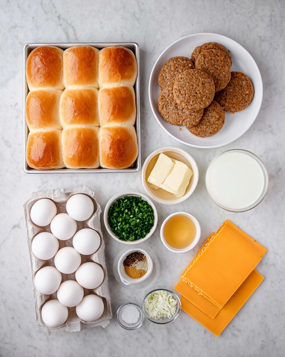 The image shows a top view of ingredients arranged neatly on a white marbled surface. In the top left, there is a tray holding twelve soft golden-brown dinner rolls in three rows of four. To the right of the rolls is a white plate filled with eight round, textured brown sausage patties. Below the rolls is an open carton with ten large, smooth white eggs in two rows of five. Next to the eggs are small white bowls containing fresh green chopped chives, light yellow melted butter, a mix of salt and black pepper, and a colorful seasoning blend. There is also a stack of six pale orange square slices of cheese arranged in a neat pile, a small white bowl with a clear golden liquid, and a white bowl with milk. The surface is clean and bright with the ingredients standing out clearly. Photo taken with an iphone --ar 4:5 --v 7