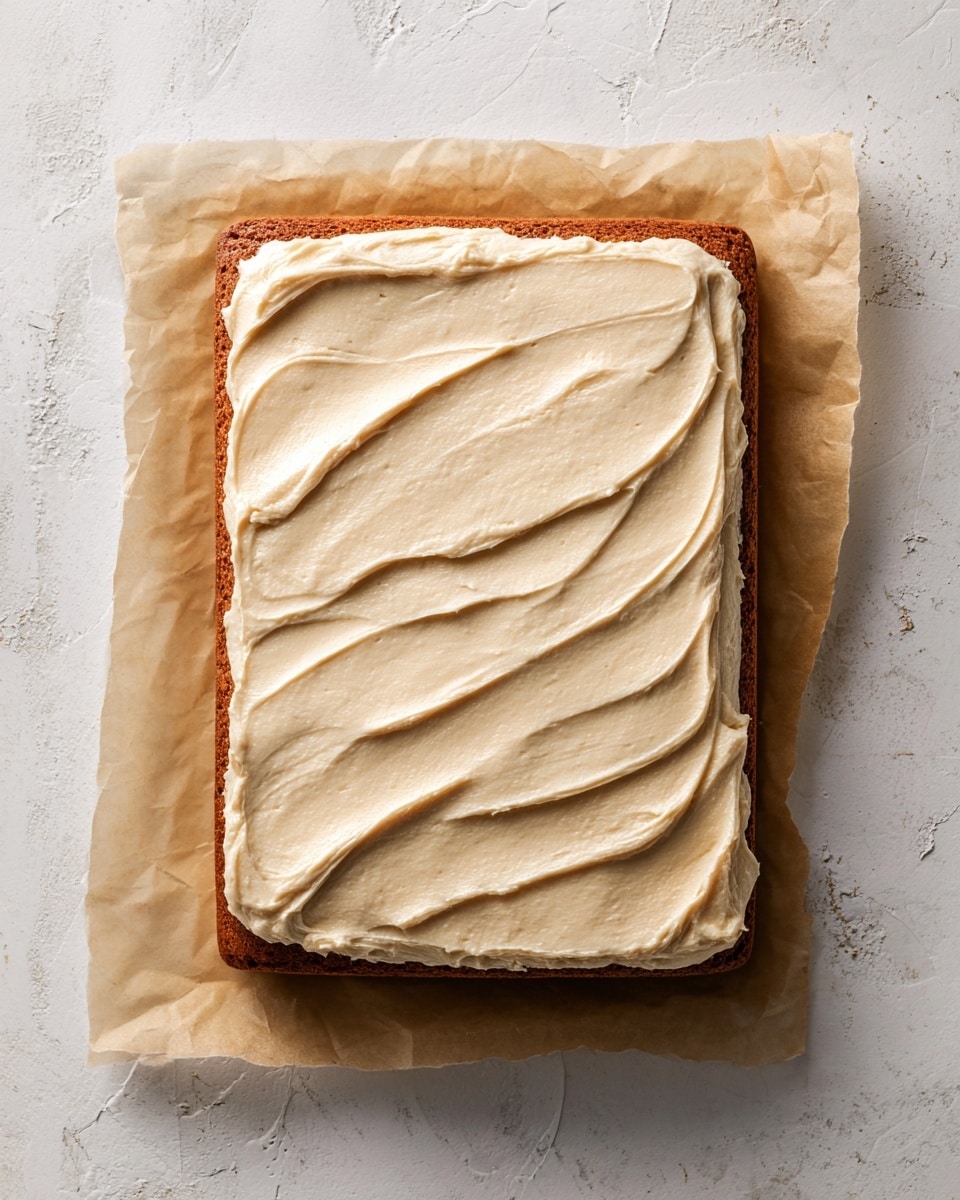 The image shows a rectangular cake with one thick layer of light brown creamy frosting evenly spread over the top. The frosting has a smooth texture with visible swirls and soft peaks, giving it a slightly wavy pattern. The cake sits on a single sheet of light brown parchment paper, which contrasts with the white marbled surface beneath it. The sides of the cake are slightly uneven but covered completely by the frosting. Photo taken with an iphone --ar 4:5 --v 7