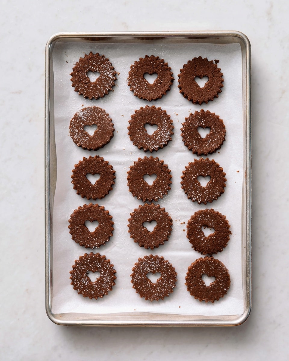 A baking tray lined with white parchment paper holds fifteen round chocolate cookies arranged in three rows of five. The cookies have a scalloped edge and a rough texture with small bits visible, some have star or heart-shaped cutouts in the center. A few cookies have light dusting of flour or sugar on top. The whole tray rests on a white marbled surface, and the image is shot from above. photo taken with an iphone --ar 4:5 --v 7