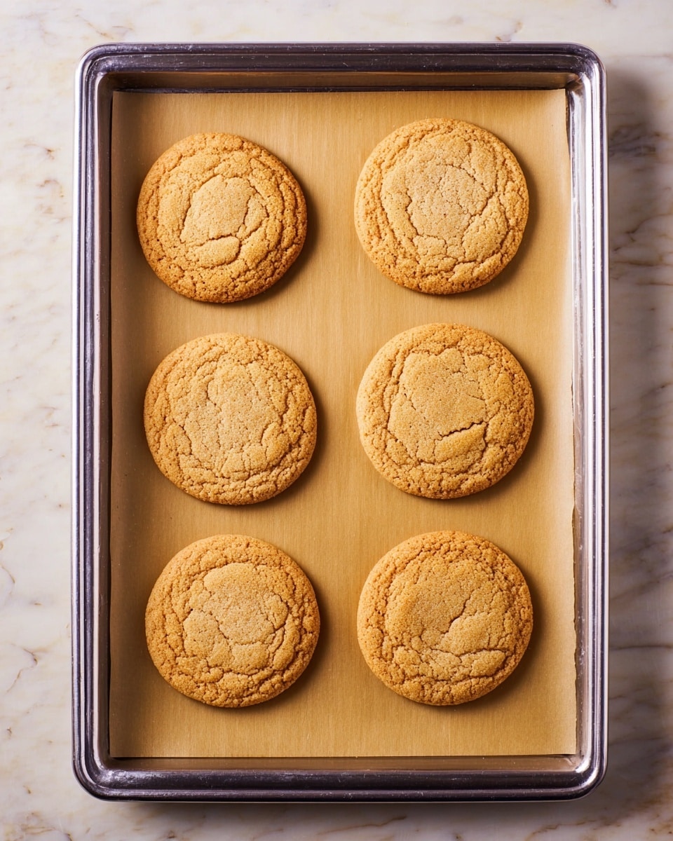 A metal baking tray lined with light brown parchment paper holds six round cookies arranged in two vertical columns of three. Each cookie is golden brown with a slightly cracked surface, showing a soft and crumbly texture. The tray sits on a white marbled textured surface, emphasizing the warm color of the cookies. photo taken with an iphone --ar 4:5 --v 7