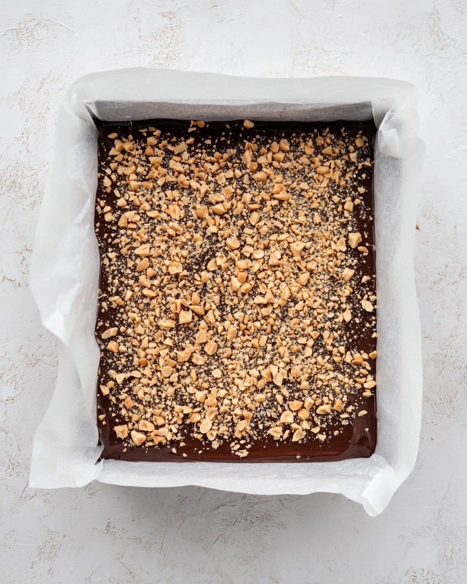 The image shows a square baking pan lined with white parchment paper filled with a thick, dark brown chocolate layer as the base and top surface. On top of the chocolate layer, there is a generous amount of small, light brown chopped nuts sprinkled evenly, covering almost the entire surface except the edges where the parchment paper folds up. The pan rests on a white marbled textured surface, creating a clean and simple background. The photo taken with an iphone --ar 4:5 --v 7
