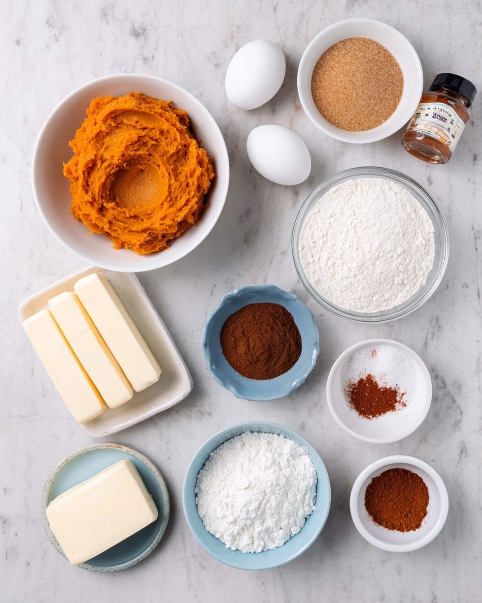 The image shows an arrangement of baking ingredients on a white marbled surface. In the center, there is a white bowl filled with bright orange pumpkin puree. Above it, a small white bowl holds a single white egg. To the left of the pumpkin puree, a white bowl contains light brown sugar, and below that is a small white bowl with dark brown cinnamon powder. To the right of the pumpkin puree, there is a glass bowl full of white sugar and next to it a small white bowl with reddish-brown spice, likely nutmeg or cinnamon. Above these is a stack of two pale yellow butter sticks. Below the small cinnamon bowl is a light blue bowl filled with white flour. On the bottom left, a rectangular piece of white cream cheese rests on a small white plate. Near the egg on the top right is a small bottle of vanilla extract. Everything is arranged neatly with clear spacing between the items. photo taken with an iphone --ar 4:5 --v 7