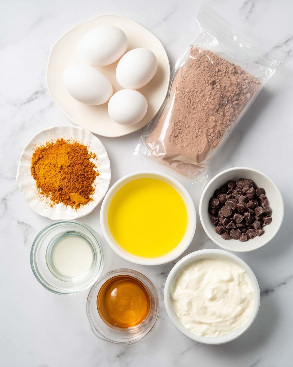 The image shows various ingredients placed on a white marbled surface. There are three white eggs positioned together near the center left. To their right, a sealed plastic bag holds a light brown powdery substance, likely cocoa powder. Surrounding these are small white bowls containing different ingredients: bright yellow oil in a white bowl at the bottom center, dark chocolate chips in a white bowl at bottom right, a creamy white liquid in a white bowl to the right, and thick white yogurt in a white bowl at bottom left. A small white plate near the top left holds a heap of orange spice, and another white plate directly above it contains a small pool of amber-colored liquid. A small clear glass bowl with a bit of clear liquid is near the bottom left. All items are neatly arranged, showing their distinct colors and textures clearly, on a clean white marbled background. Photo taken with an iphone --ar 4:5 --v 7