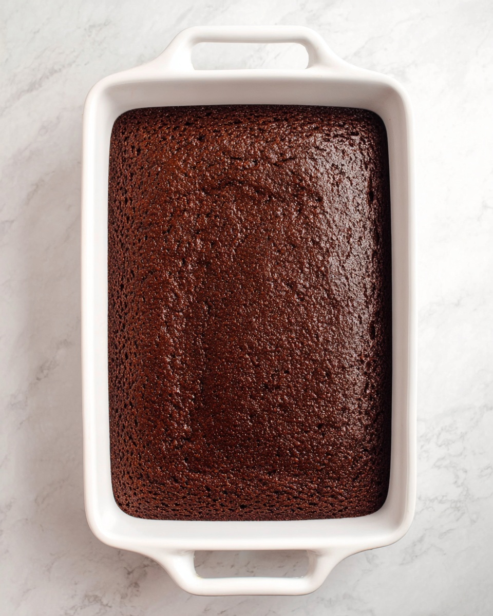 Dr. Pepper Cake Recipe 4 A single thick layer of dark brown baked chocolate cake fills a white rectangular baking dish with rounded handles on each side. The cake surface is slightly rough with small cracks and a shiny, dense texture, evenly covering the entire dish. The dish rests on a white marbled surface, adding a clean and bright contrast to the rich cake color. photo taken with an iphone --ar 4:5 --v 7