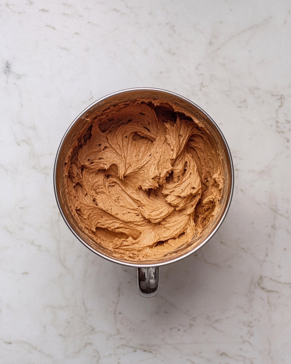 A silver mixing bowl filled with a thick, smooth light brown chocolate batter with soft peaks showing texture and movement. The bowl is centered on a white marbled surface, with the batter appearing creamy and well-mixed, covering the inner sides of the bowl evenly. No additional elements or layers are visible around the bowl. photo taken with an iphone --ar 4:5 --v 7