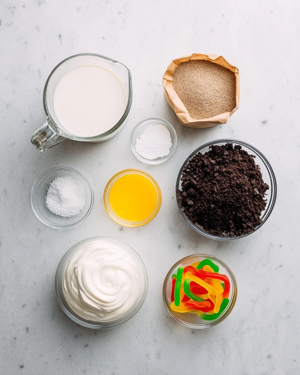 A flat lay showing seven separate ingredients on a white marbled surface: a glass measuring cup with white milk on the top left, a small brown paper bag filled with light brown powder on the top right, a small clear bowl with white salt in the center, a small glass bowl with melted yellow butter below the milk, a larger clear bowl filled with dark brown crushed cookies on the right side, a white bowl full of smooth white cream on the bottom left, and a small clear bowl with colorful gummy worms in red, yellow, green, and orange on the bottom right. photo taken with an iphone --ar 4:5 --v 7