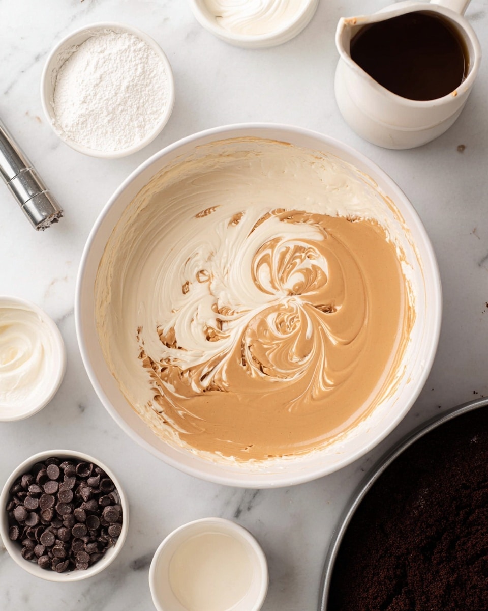 A large white bowl holds a creamy mixture with two main layers: one thick, pale cream layer swirled smoothly on one side, and a light brown sauce poured on the other side, spreading gently with swirls where the two meet. Around the bowl on the white marbled surface are small white bowls with powdered sugar and thick white cream, a white pitcher with tan liquid, a white bowl filled with dark chocolate chips, and a dark round cake pan filled with crumbly dark chocolate crust. A metal mixer beater is placed near the top left. The photo taken with an iphone --ar 4:5 --v 7