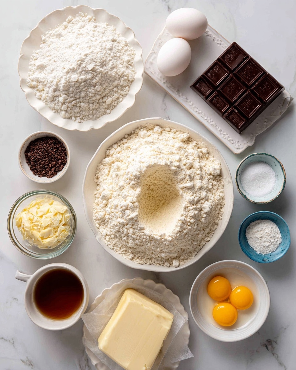 A top-down view shows a white bowl filled with pale all-purpose flour, which is fluffy and piled high with a small depression in the center. To its right, a white ornate rectangular plate holds a dark solid block of semi-sweet chocolate. Below the flour bowl, a clear glass measuring cup contains thick heavy cream with a slight yellow tint. Nearby are two whole white eggs placed on the white marbled surface. Next to the eggs is a wrapped stick of unsalted butter in yellow paper. Below the butter, a small white bowl holds dark brown chocolate sprinkles, next to another white bowl filled with a light amber-colored cake batter extract. Two small white bowls beside this include a dark amber vanilla extract and a clear almond extract. A white bowl with two bright yellow egg yolks sits near the bottom. On the left is a large clear glass bowl filled with bright white granulated sugar. To the right, two small blue glass bowls contain white baking powder and white salt. Lastly, there is a clear white bowl filled with a light golden light corn syrup, all arranged neatly on the smooth white marbled surface. photo taken with an iphone --ar 4:5 --v 7