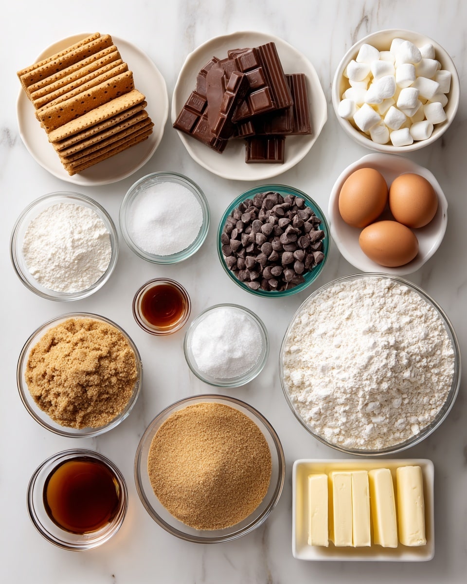 The image shows various baking ingredients arranged neatly on a white marbled surface. There are 14 separate glass or white bowls and dishes, each holding a different ingredient. From the top left, there are several golden brown graham crackers stacked in a white plate, next to a white plate piled with solid dark brown Hershey's chocolate bars. To the right, a clear bowl holds small, white mini marshmallows. Below the graham crackers, small clear bowls contain white cornstarch, fine white salt, and white baking soda, arranged in a row. Below those, a clear bowl filled with small dark brown chocolate chips is near two medium brown eggs to its right. Directly below is a very small clear bowl with reddish-brown vanilla extract. Below the mini marshmallows, a white bowl contains medium brown packed brown sugar, near a white bowl with white granulated sugar. Adjacent to this is a clear bowl with light brown graham cracker crumbs. At the bottom center, a large round bowl holds all-purpose flour, bright white and powdery. Next to it, a rectangular white dish holds two yellow sticks of unsalted butter. The whole setup is clean and bright, showing each ingredient clearly. photo taken with an iphone --ar 4:5 --v 7