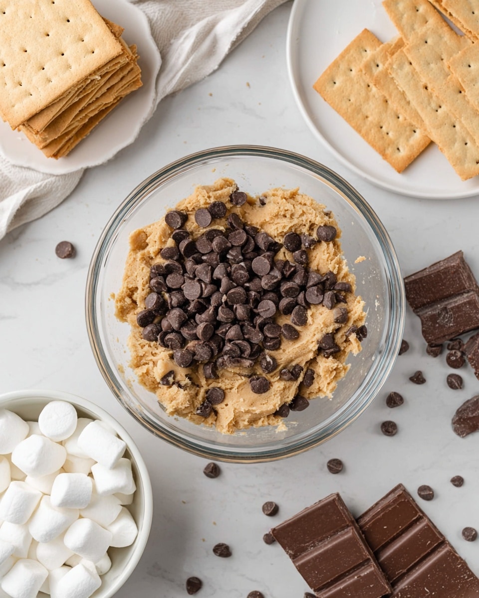 A clear glass bowl holds light brown cookie dough mixed with many dark brown chocolate chips on top; nearby, a small white bowl is filled with small white marshmallows, while a white plate holds several square, light tan graham crackers stacked unevenly. There are scattered chocolate chips and marshmallows on a white marbled surface around the bowls and plate. In the background, another white plate with broken pieces of milk chocolate is partially visible. photo taken with an iphone --ar 4:5 --v 7