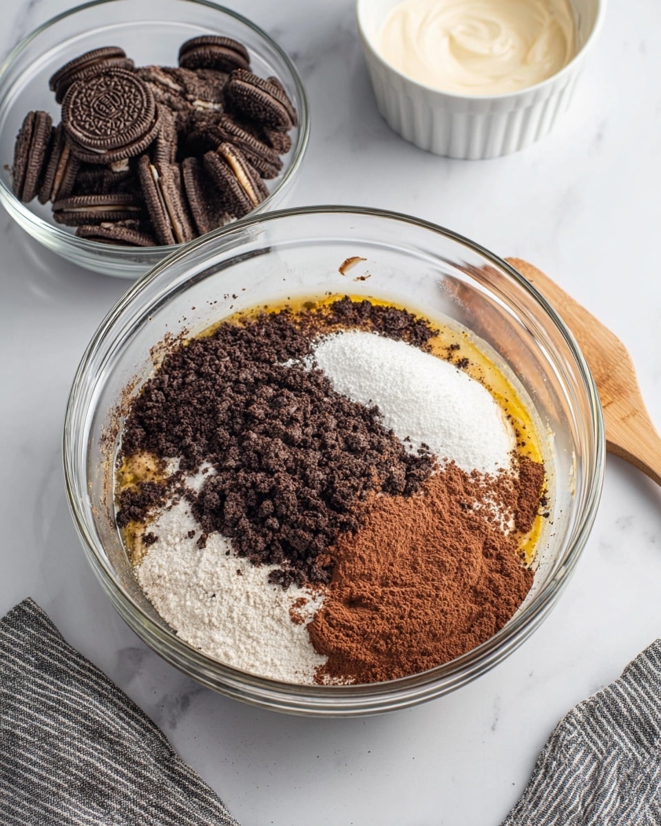 A clear glass bowl filled with four separate layers of ingredients on a white marbled surface: a bottom layer of melted butter with a golden shine, a dark brown layer of crushed chocolate cookies, a medium brown layer of cocoa powder, and a white layer of powdered sugar sitting slightly on top of the other ingredients. Nearby, there is a clear glass bowl filled with chocolate sandwich cookies and a white bowl with light beige cream. A wooden spatula and a gray striped cloth are partially visible on the right side. Photo taken with an iphone --ar 4:5 --v 7