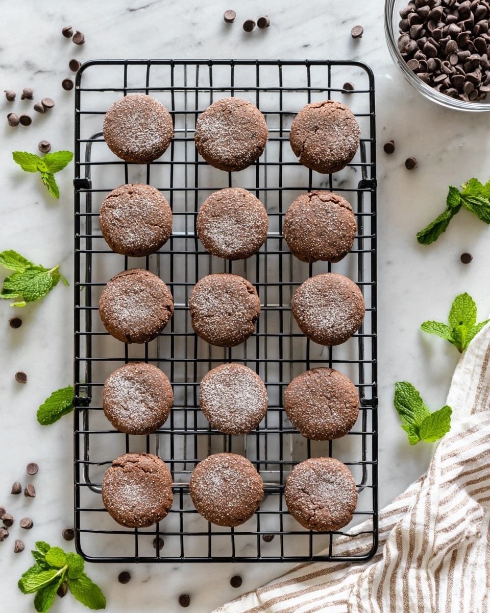 The image shows fifteen round chocolate cookies cooling on a black metal rack. They are arranged in a neat grid of three rows and five columns. Each cookie has a slightly rough texture with some light dusting of powdered sugar or flour on the surface, giving them a rustic look. The cooling rack is placed on a white marbled surface, and around the edges, there are scattered chocolate chips, fresh green mint leaves, and a white and beige striped cloth on the right side. In the upper right corner, a clear glass bowl filled with more chocolate chips is partially visible. Photo taken with an iphone --ar 4:5 --v 7