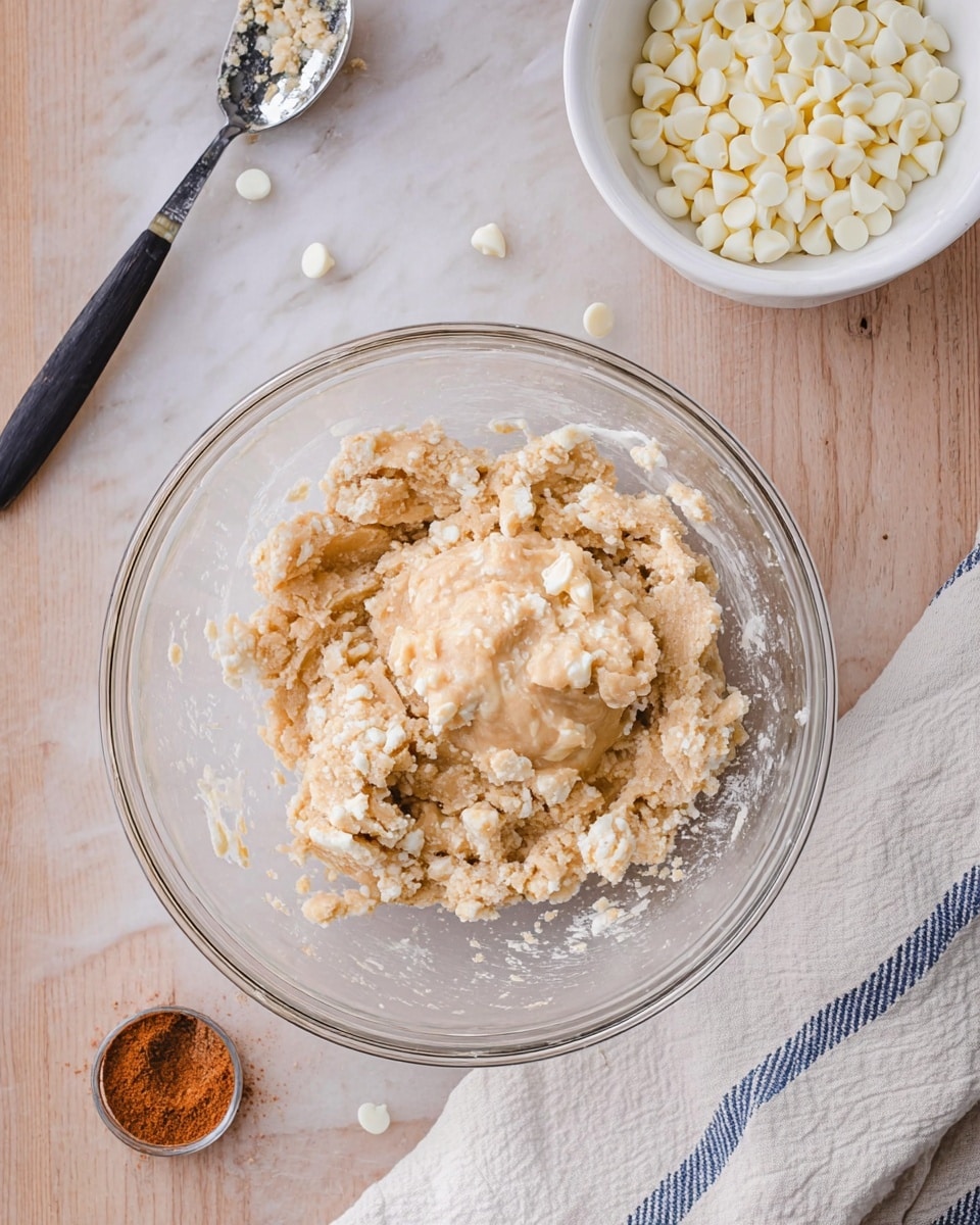 A clear glass bowl sits in the center on a white marbled surface, containing a rough, crumbly dough mixture with a light beige color. On top, there is a lighter, creamy layer of wet ingredients forming a small mound. To the upper right of the bowl is a white bowl filled with white chocolate chips or similar small white pieces. On the left side, a black spoon with a silver handle rests loosely, holding some dough bits. Near the lower left corner, a small silver spoon holds a reddish-brown powder, likely cinnamon. A soft cream-colored cloth with blue stripes is partly visible under the bottom right corner of the bowl. Photo taken with an iphone --ar 4:5 --v 7