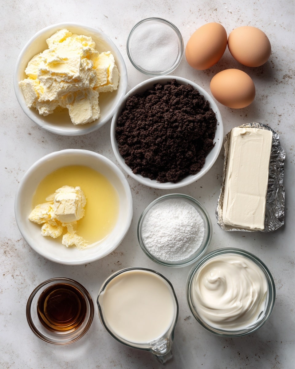A top-down view of several small white bowls and one foil-wrapped block arranged on a white marbled surface, each bowl containing a different ingredient: one white bowl with melted unsalted butter showing a yellow color with some white foam, another filled with dark brown Oreo crumbs with a crumbly texture, a clear glass bowl holding two brown eggs, a white bowl with thick white sour cream with a smooth texture, a small glass bowl with dark amber vanilla liquid, a white bowl with white granulated sugar, a foil-wrapped block of smooth, white cream cheese placed slightly open on the marbled surface, a glass cup filled with light tan Baileys Irish cream, a small glass pitcher holding heavy cream with a creamy white look, a clear glass bowl containing white powdered sugar, and a tiny glass bowl with fine white salt crystals, each ingredient clearly labeled in black text. photo taken with an iphone --ar 4:5 --v 7