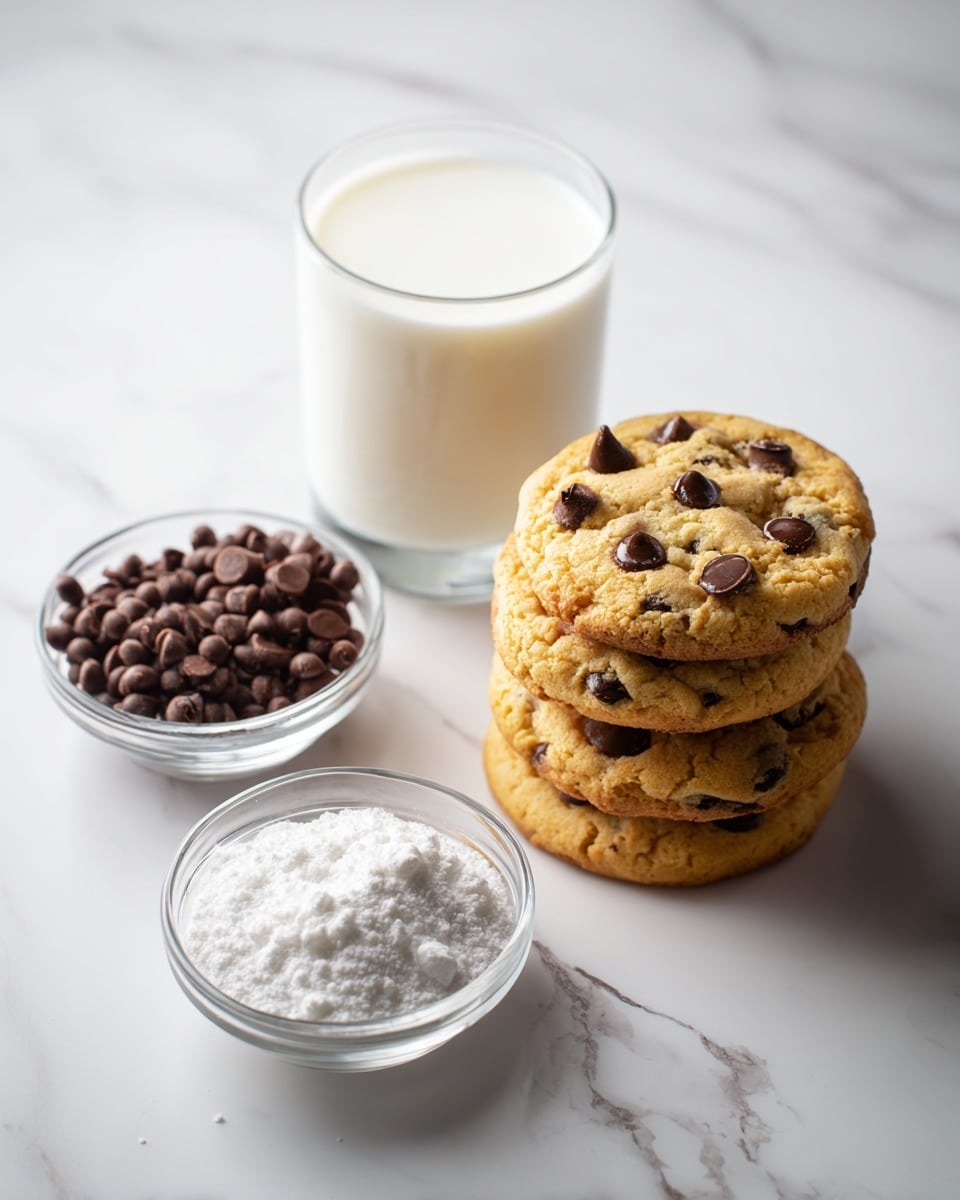 The image shows five main items arranged on a white marbled surface: a stack of four round chocolate chip cookies with a golden brown color and visible chocolate chips on the top, a clear glass cup filled with white whole milk, a small clear glass bowl filled with white sugar and a small amount of white baking powder mixed in, and another small clear glass bowl holding dark brown chocolate chips. Each item is labeled with black text above or beside it on the image. Photo taken with an iphone --ar 4:5 --v 7